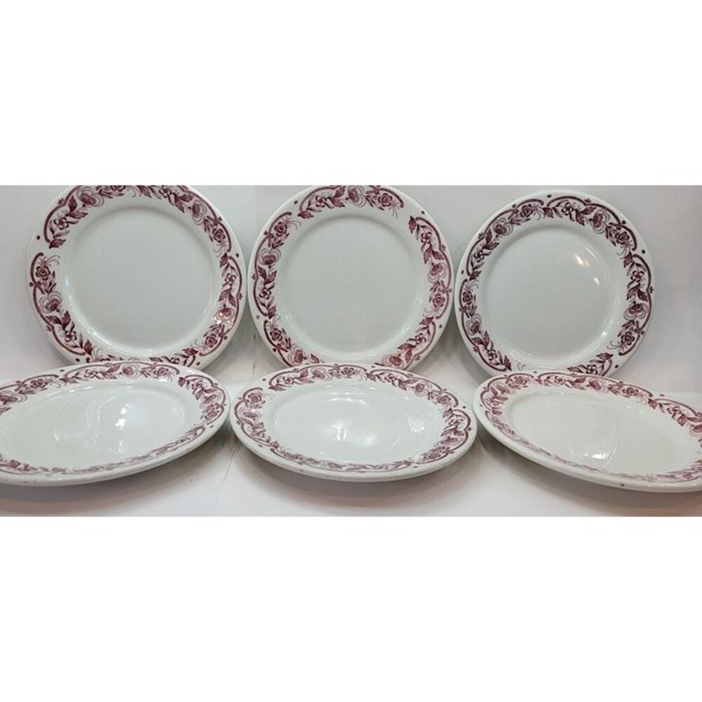 1960s Caribe China Puerto Rico Red Floral Restaurant Ware 9" Plates Set of 6